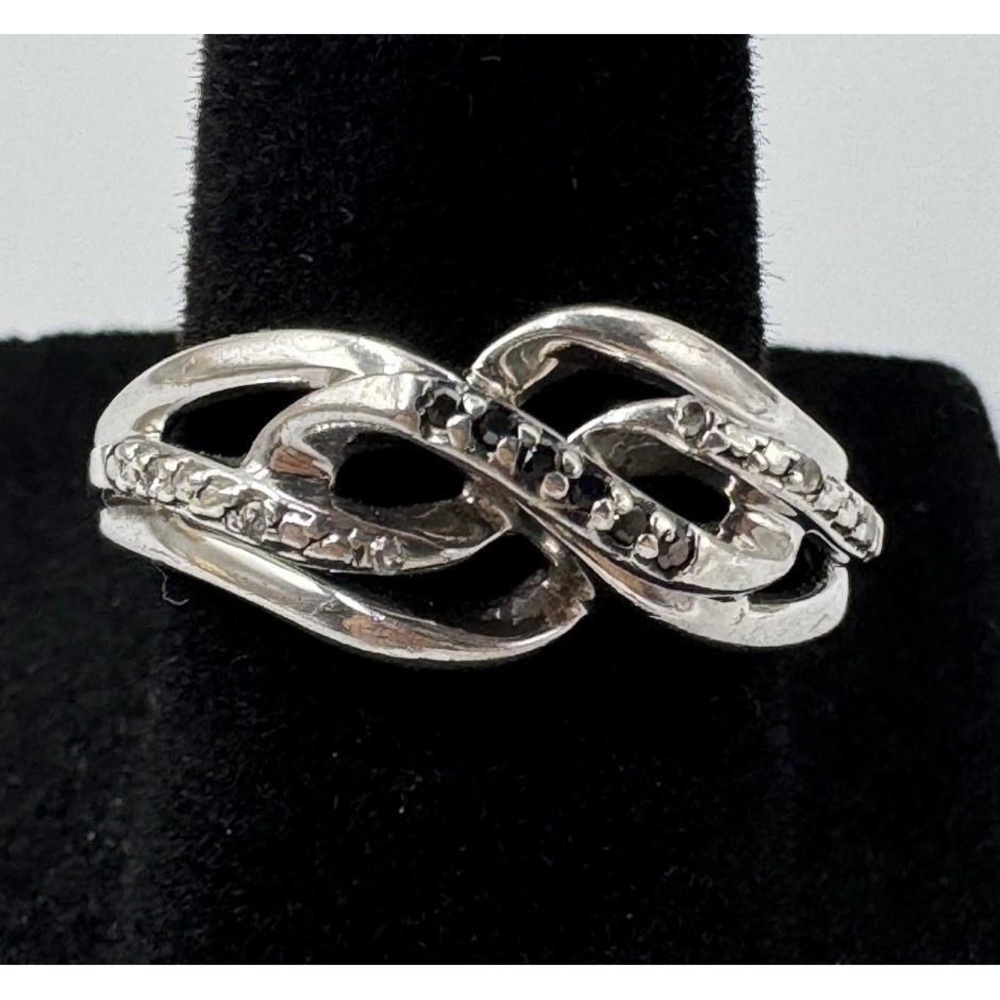 Sterling Silver 925 Clear & Black Diamond Crossover Anniversary Ring Size 7